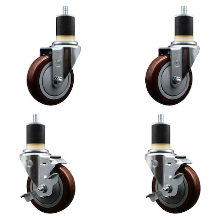 Service Caster 4'' Maroon Poly Wheel Swivel 1-7/8'' Expanding Stem Caster Set 2 Brakes, 4PK SCC-EX20S414-PPUB-MRN-2-TLB-2-178